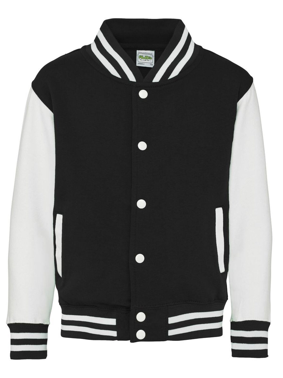 Varsity Jacket Kinder Sweatshirt / Hoodie – Just Hoods by AWDis – Farbe jet black/white – individuell veredelbar