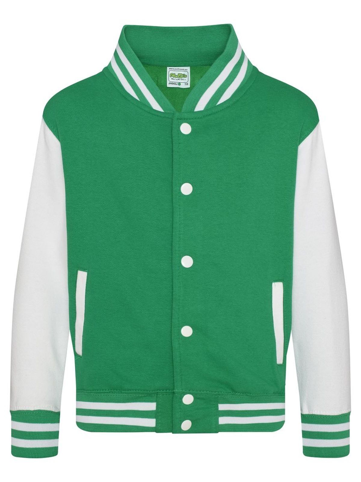 Varsity Jacket Kinder Sweatshirt / Hoodie – Just Hoods by AWDis – Farbe kelly green/white – individuell veredelbar