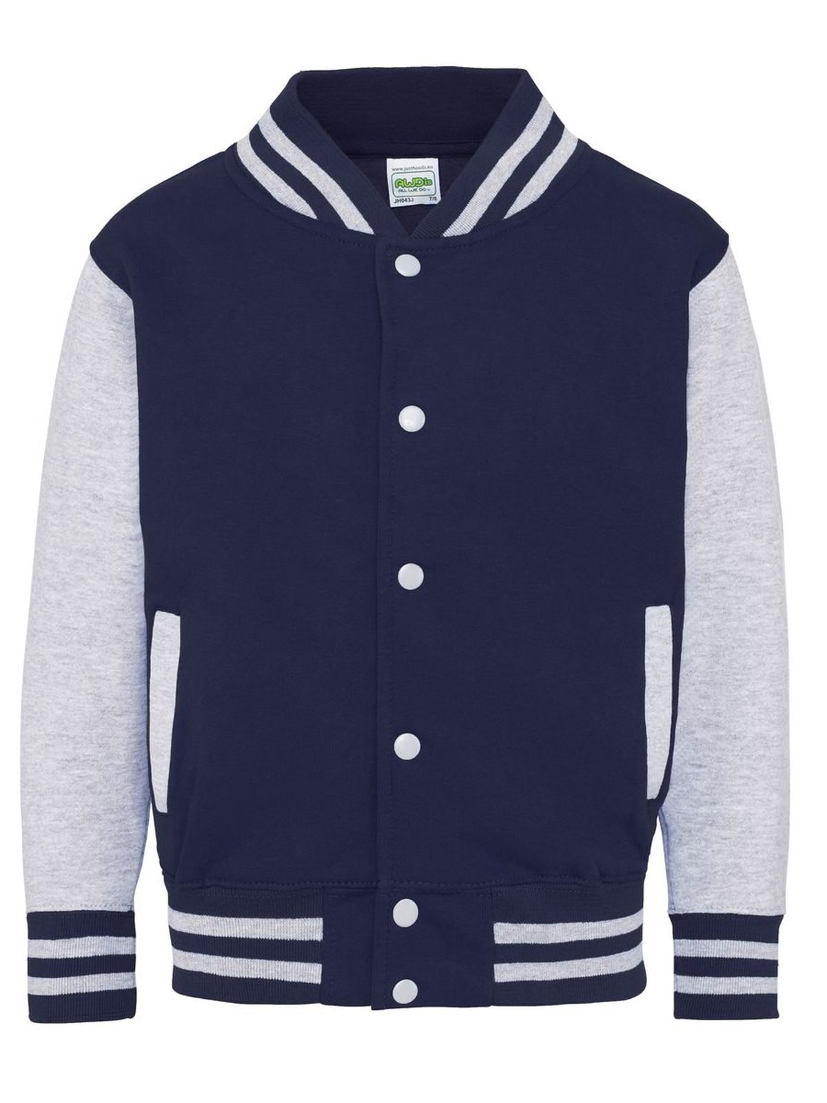 Varsity Jacket Kinder Sweatshirt / Hoodie – Just Hoods by AWDis – Farbe oxford navy/heather grey – individuell veredelbar