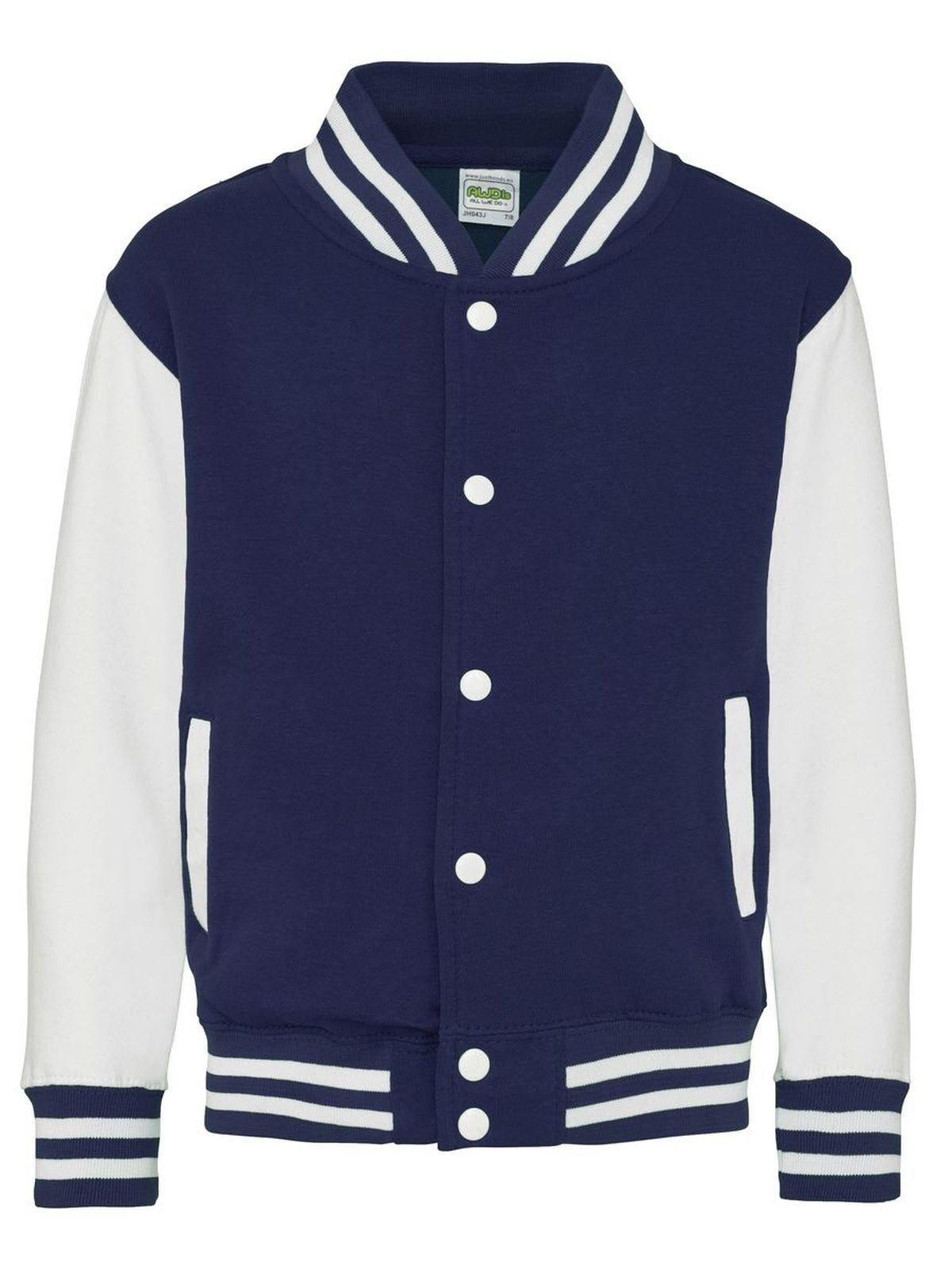 Varsity Jacket Kinder Sweatshirt / Hoodie – Just Hoods by AWDis – Farbe oxford navy/white – individuell veredelbar