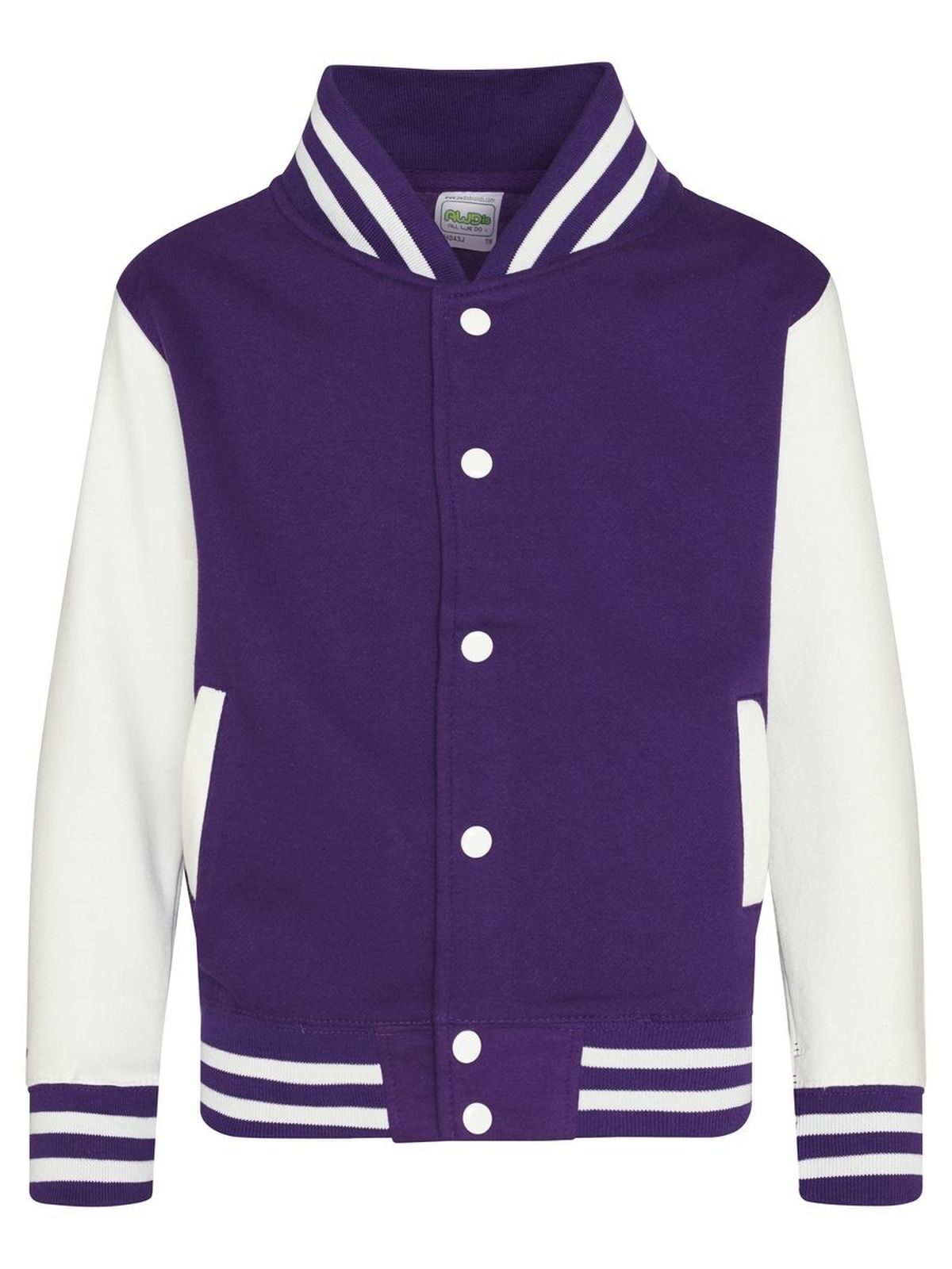 Varsity Jacket Kinder Sweatshirt / Hoodie – Just Hoods by AWDis – Farbe purple/white – individuell veredelbar