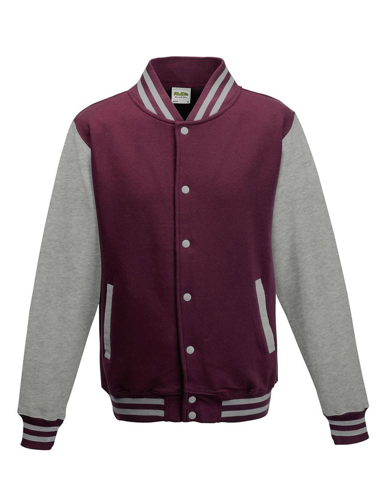 Varsity Jacket Sweatshirt / Hoodie – Just Hoods by AWDis – Farbe burgundy/heather grey – individuell veredelbar