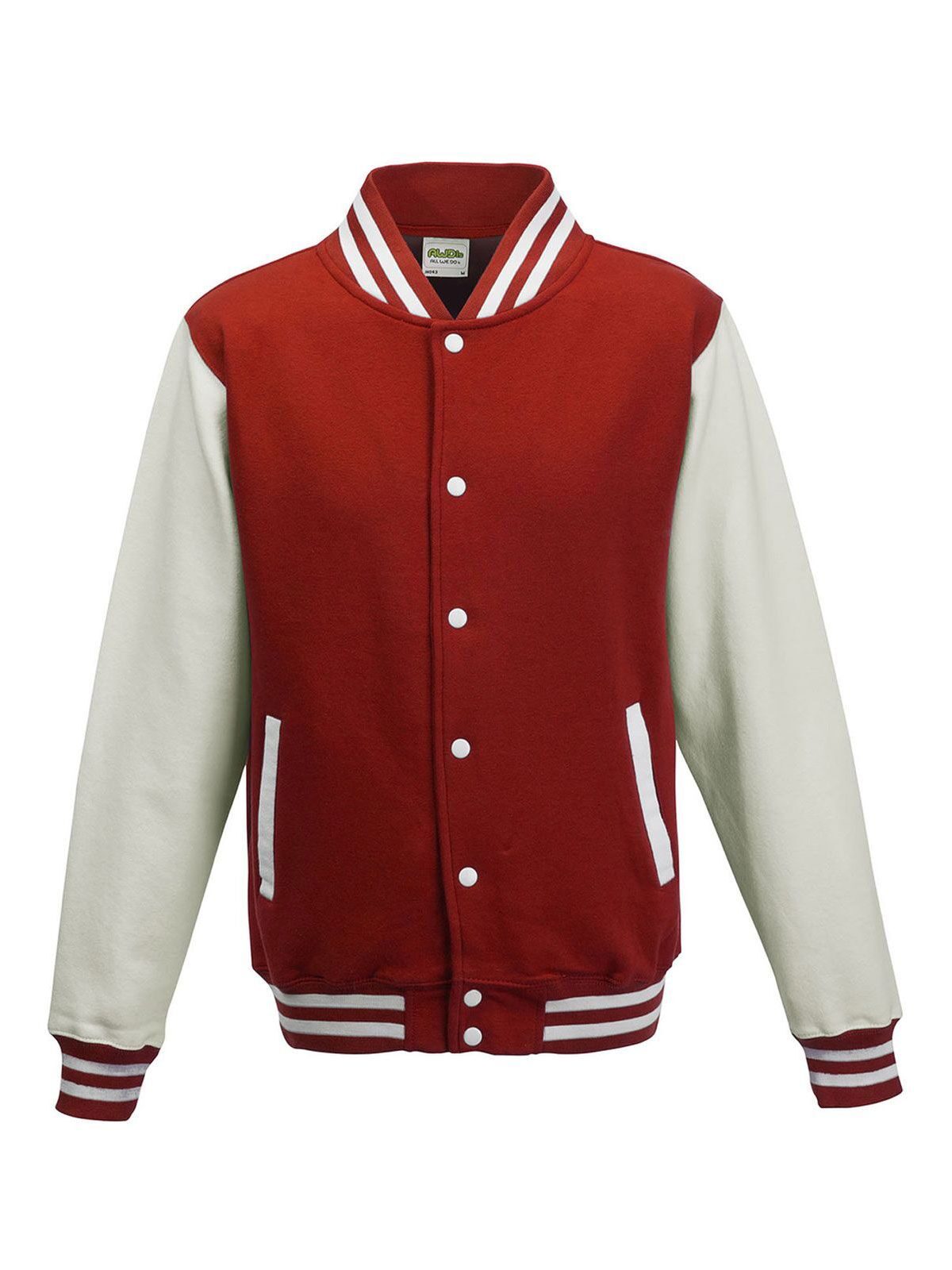 Varsity Jacket Sweatshirt / Hoodie – Just Hoods by AWDis – Farbe fire red/white – individuell veredelbar