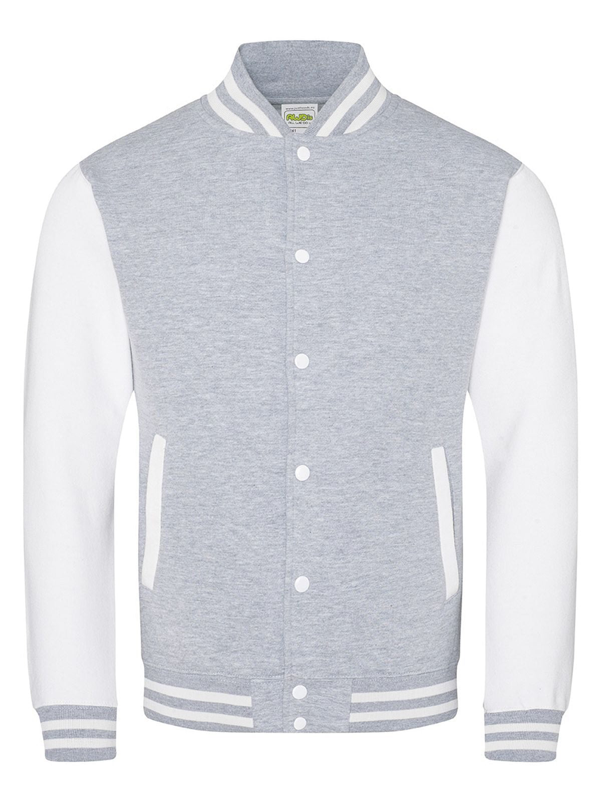 Varsity Jacket Sweatshirt / Hoodie – Just Hoods by AWDis – Farbe heather grey/white – individuell veredelbar