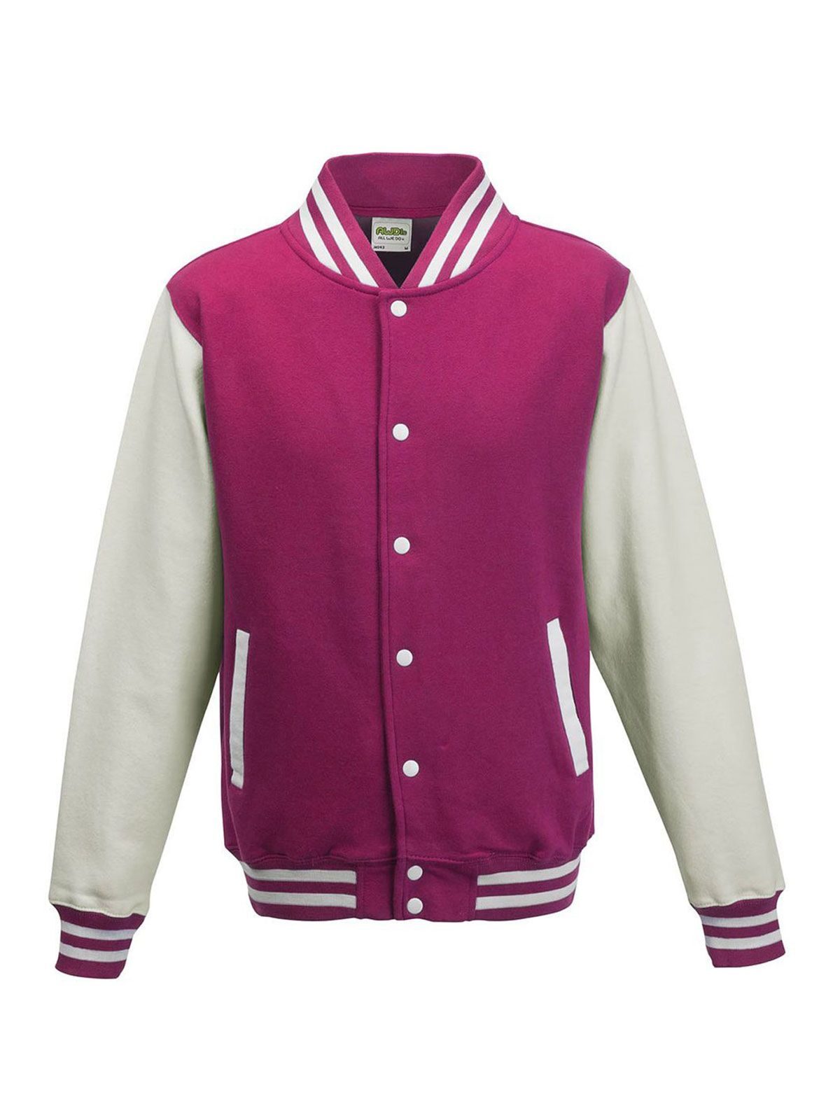 Varsity Jacket Sweatshirt / Hoodie – Just Hoods by AWDis – Farbe hot pink/white – individuell veredelbar