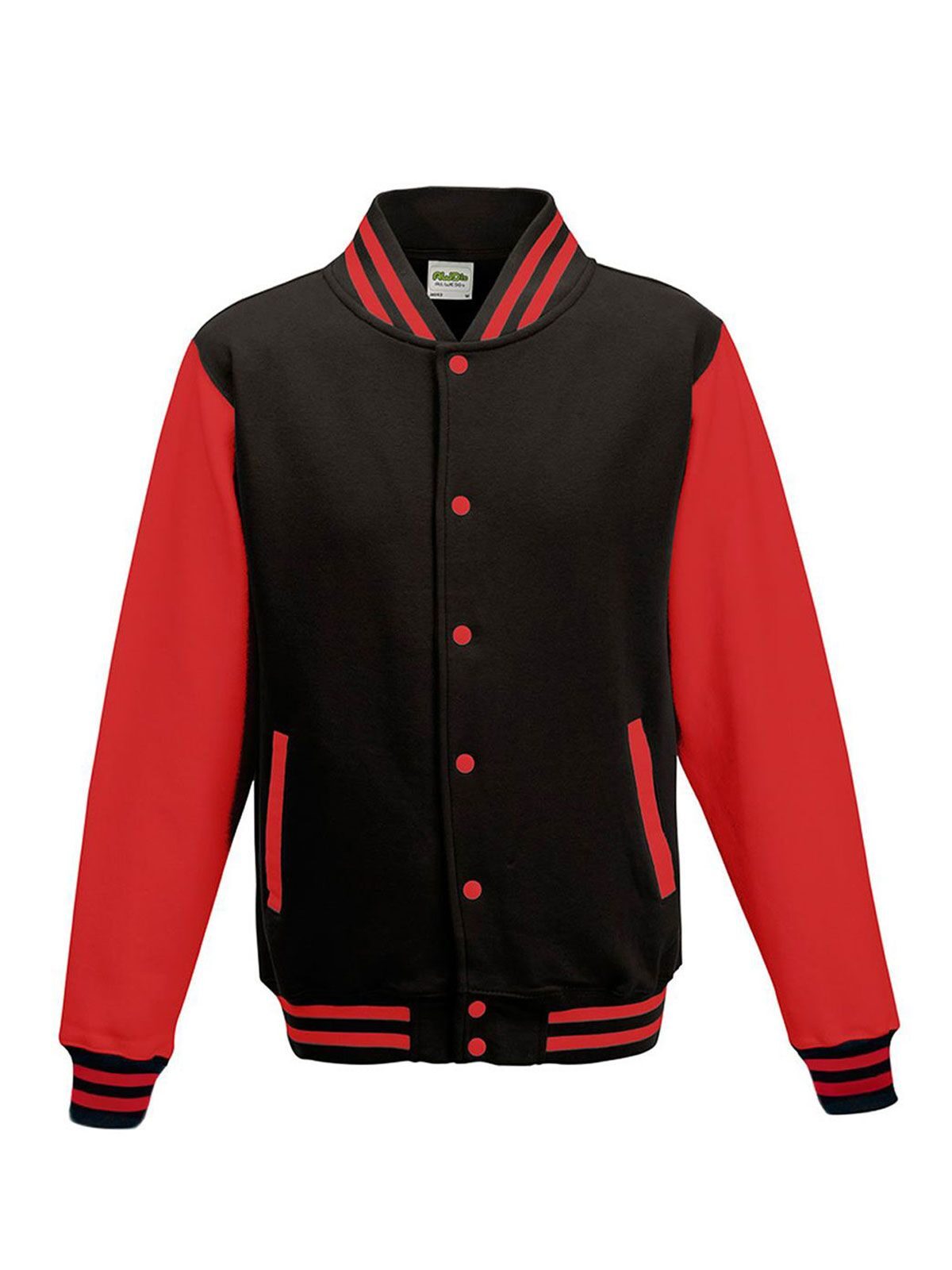 Varsity Jacket Sweatshirt / Hoodie – Just Hoods by AWDis – Farbe jet black/fire red – individuell veredelbar