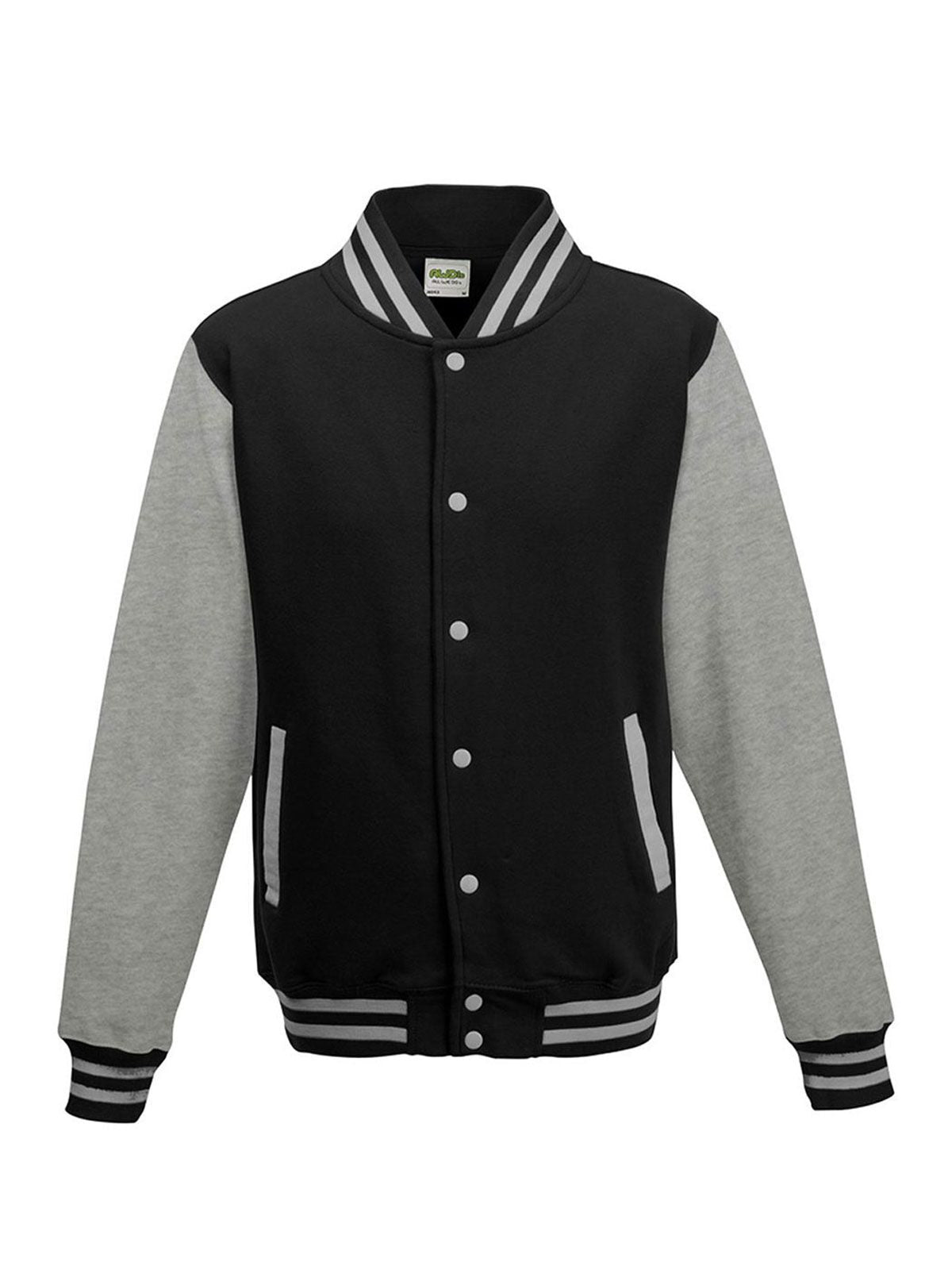 Varsity Jacket Sweatshirt / Hoodie – Just Hoods by AWDis – Farbe jet black/heather grey – individuell veredelbar