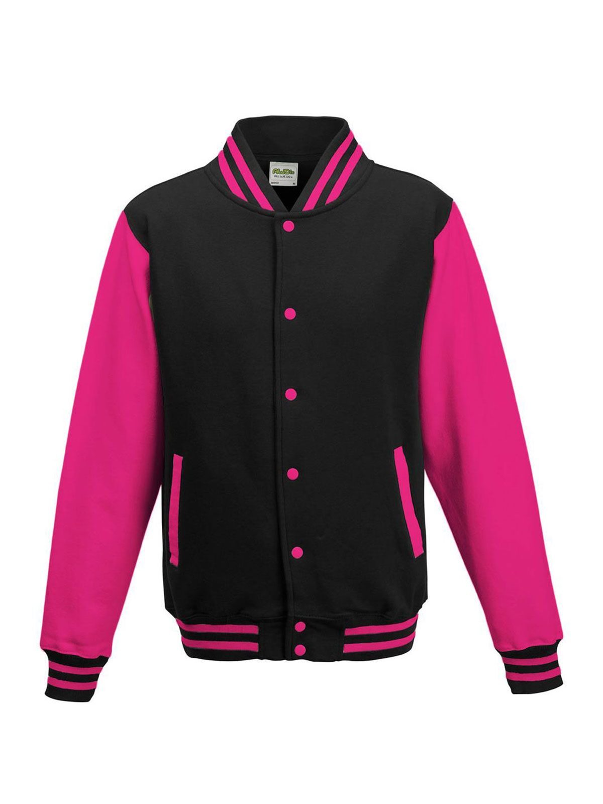 Varsity Jacket Sweatshirt / Hoodie – Just Hoods by AWDis – Farbe jet black/hot pink – individuell veredelbar