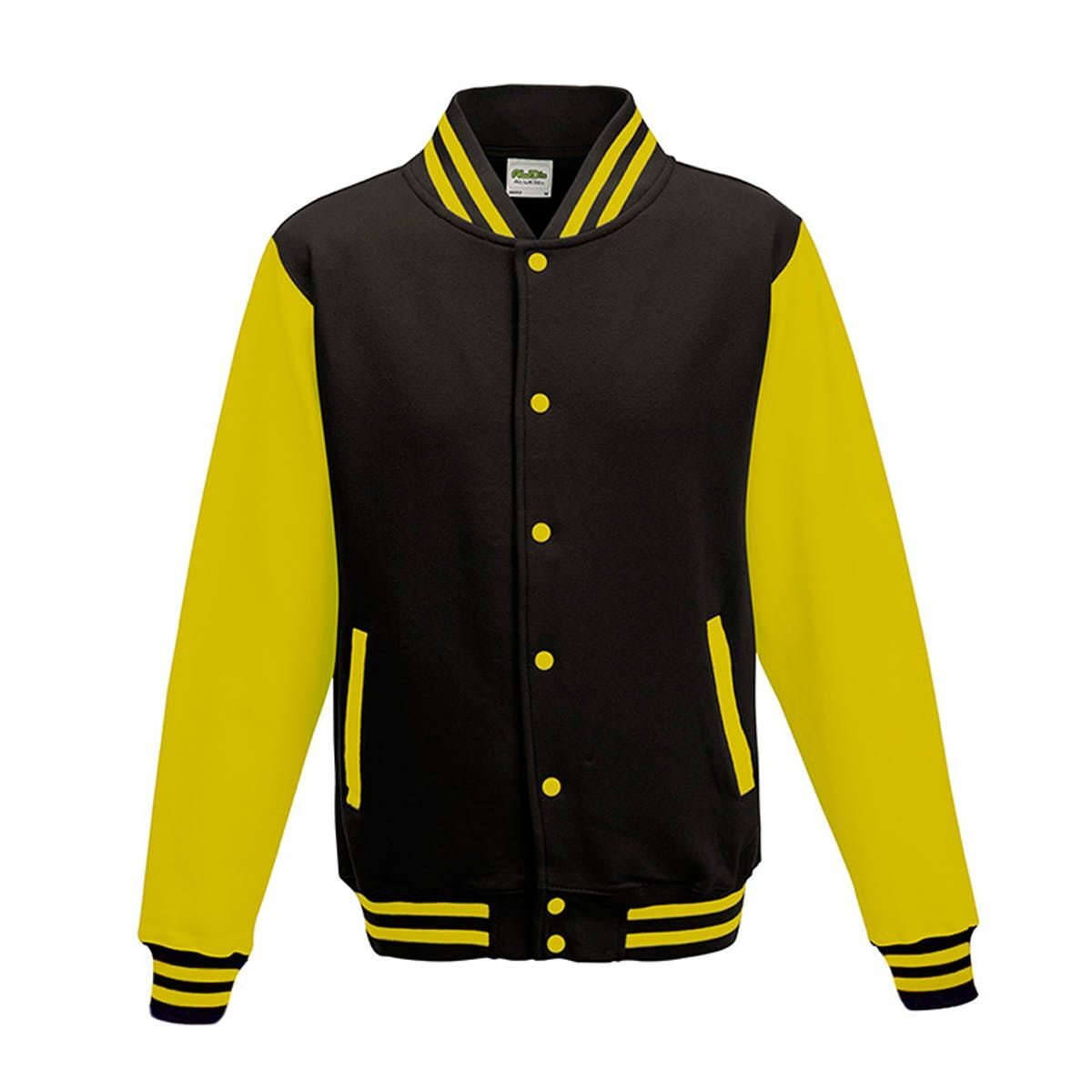 Varsity Jacket Sweatshirt / Hoodie – Just Hoods by AWDis – Farbe jet black/sun yellow – individuell veredelbar