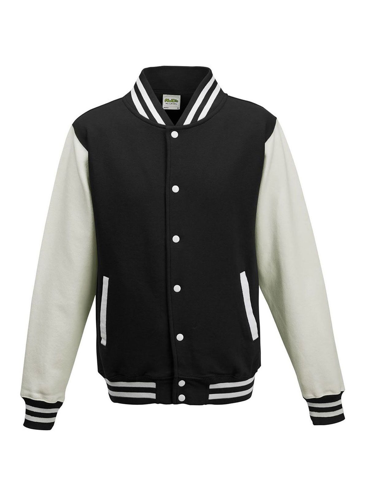 Varsity Jacket Sweatshirt / Hoodie – Just Hoods by AWDis – Farbe jet black/white – individuell veredelbar