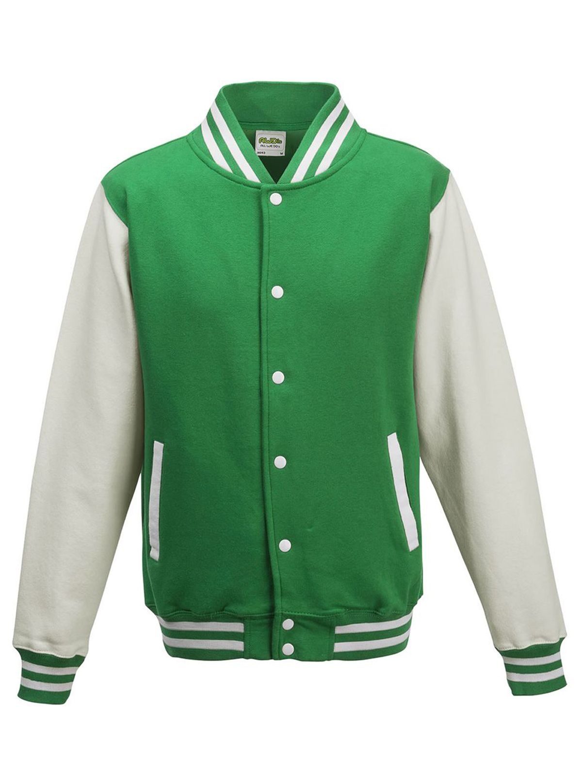 Varsity Jacket Sweatshirt / Hoodie – Just Hoods by AWDis – Farbe kelly green/white – individuell veredelbar