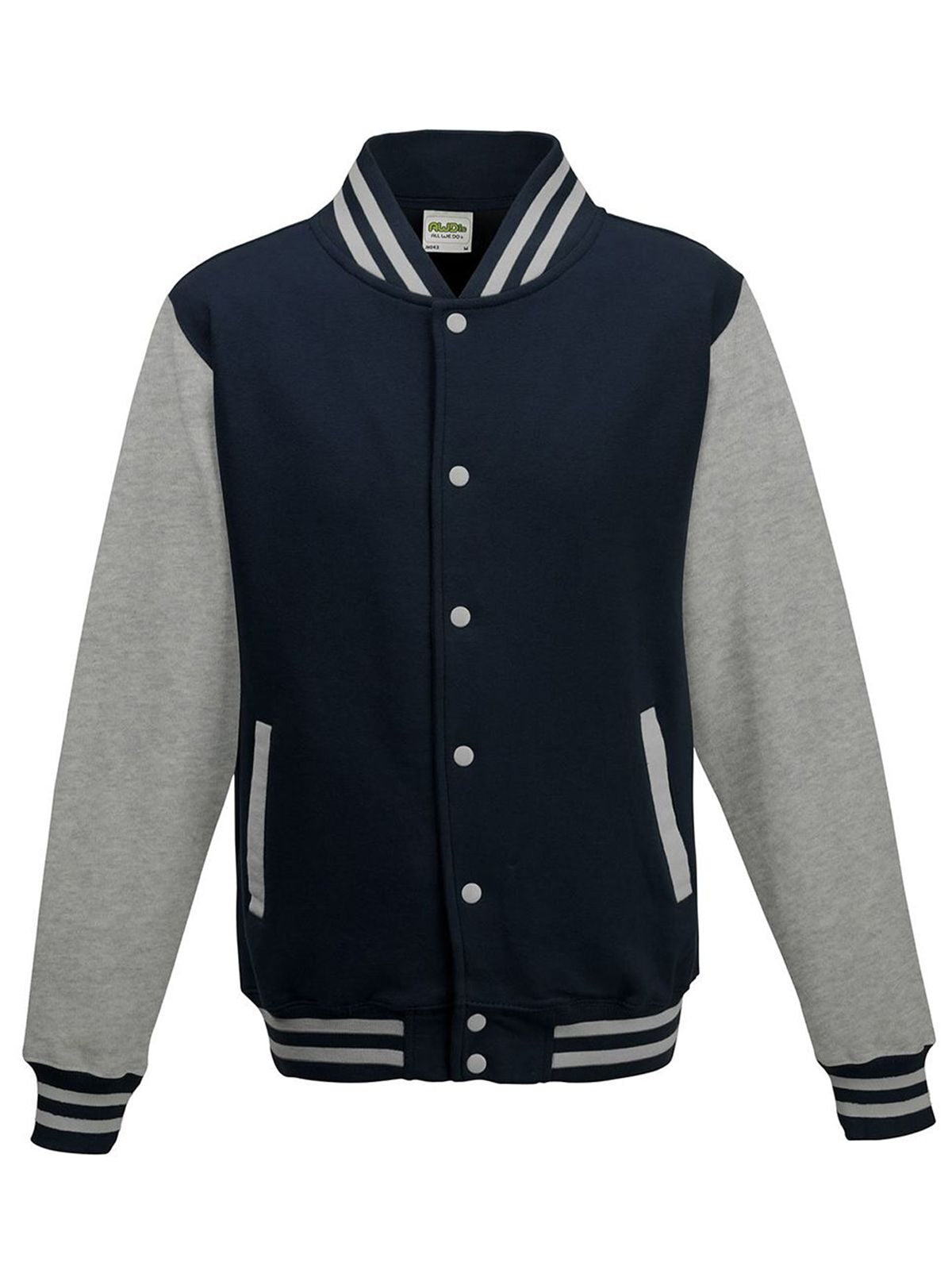 Varsity Jacket Sweatshirt / Hoodie – Just Hoods by AWDis – Farbe oxford navy/heather grey – individuell veredelbar