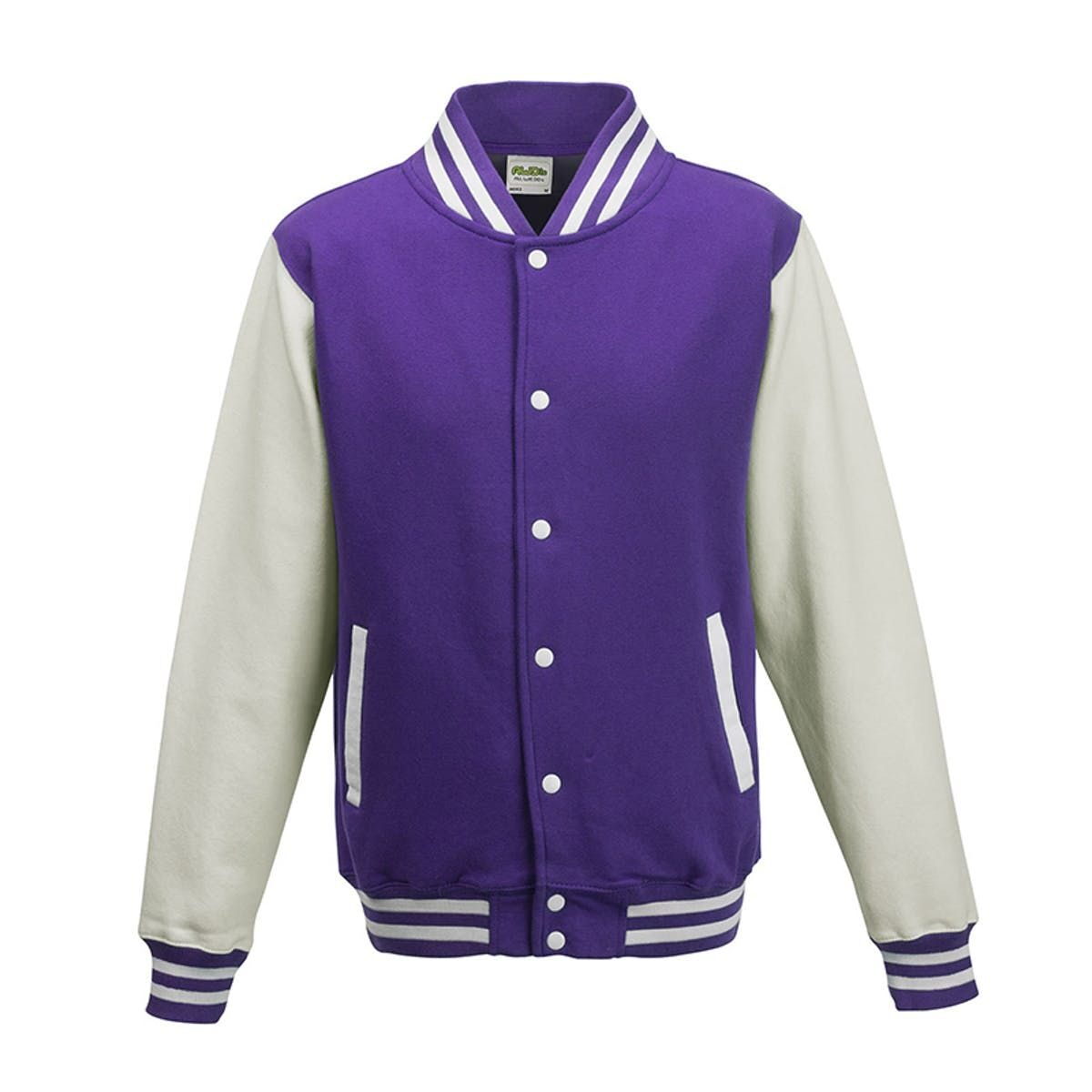 Varsity Jacket Sweatshirt / Hoodie – Just Hoods by AWDis – Farbe purple/white – individuell veredelbar