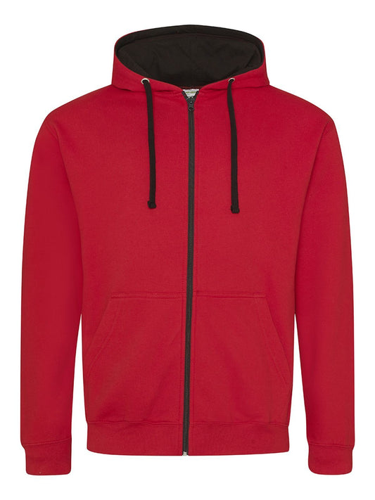Varsity Zoodie Herren Sweatshirt / Hoodie – Just Hoods by AWDis – Farbe fire red/jet black – individuell veredelbar
