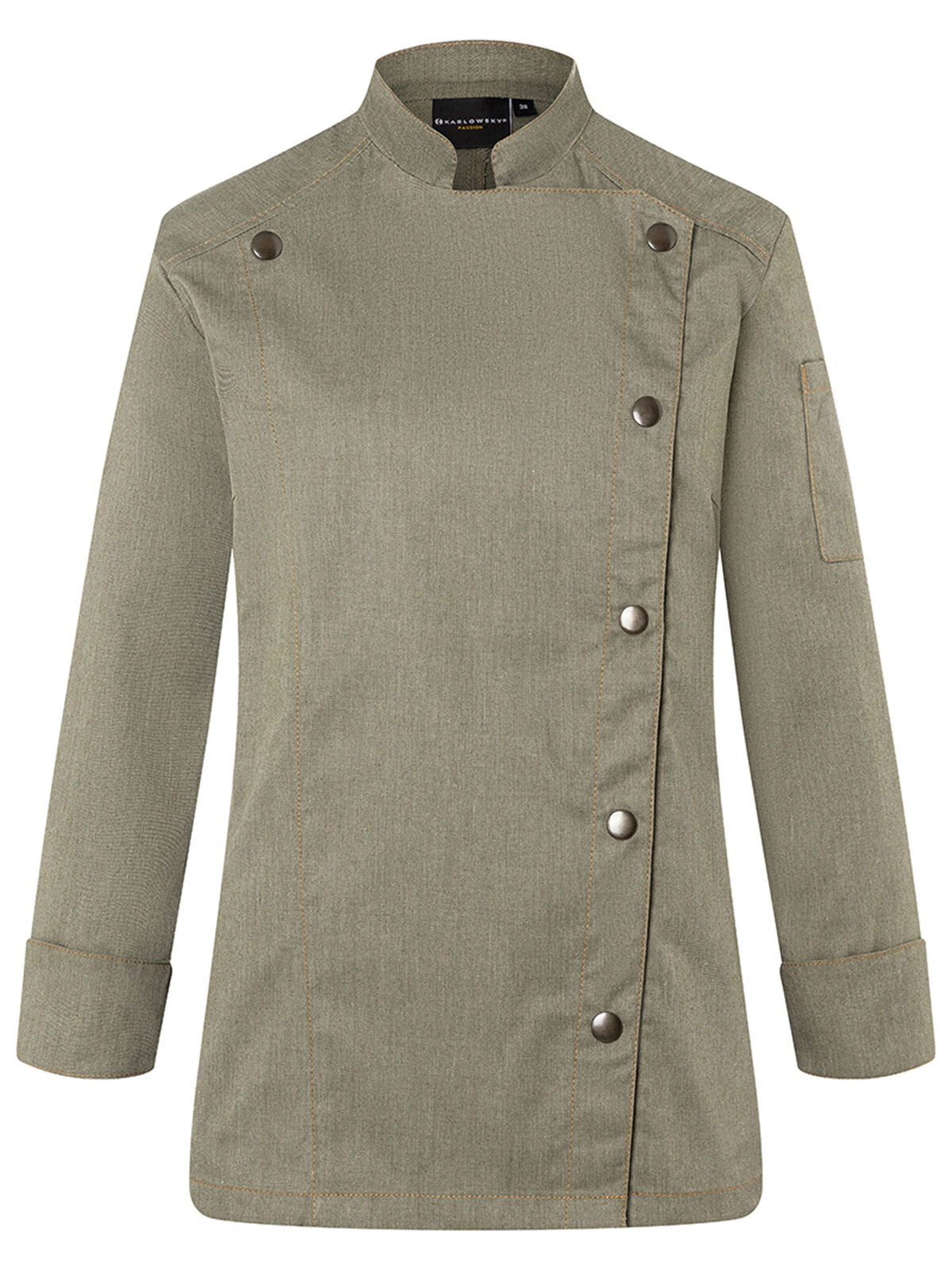 Ladies' Chef Jacket Jeans-Style Damen Schürze / Kasack – Karlowsky – Farbe Vintage Moss Green – individuell veredelbar