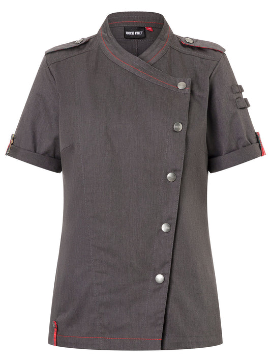 Giacca da cuoco da donna a maniche corte ROCK CHEF®-Stage2 Damen Schürze / Kasack – Karlowsky – Farbe Vintage Black – individuell veredelbar