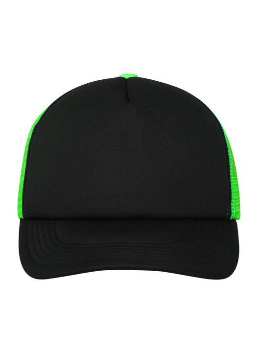 Trucker Caps 5 Panel Polyester Mesh Cap Schwarz/neon-green bestickbar und bedruckbar – LA1970