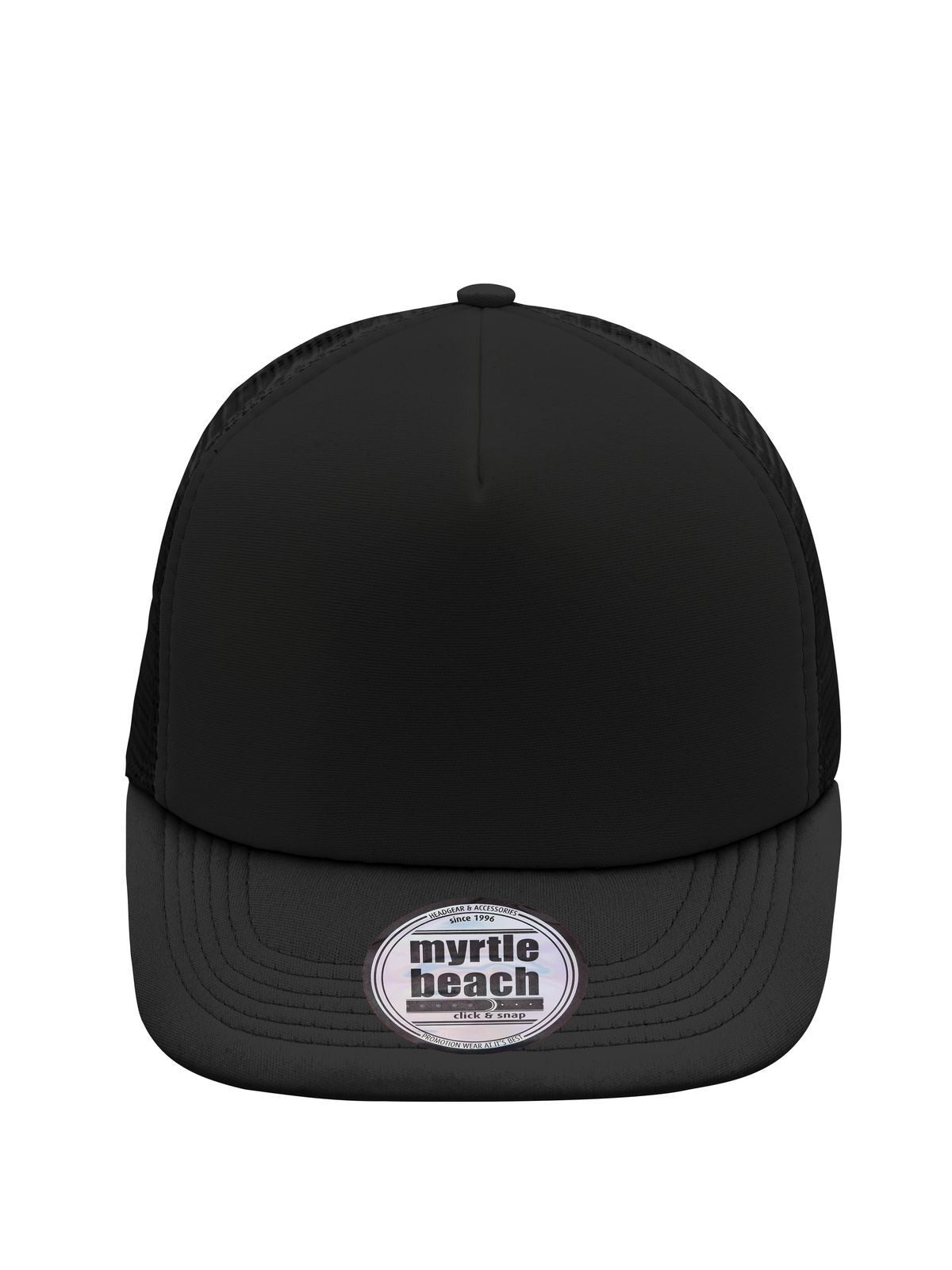 Trucker Caps 5 Panel Flat Peak Cap Schwarz/Schwarz bestickbar und bedruckbar – LA1970