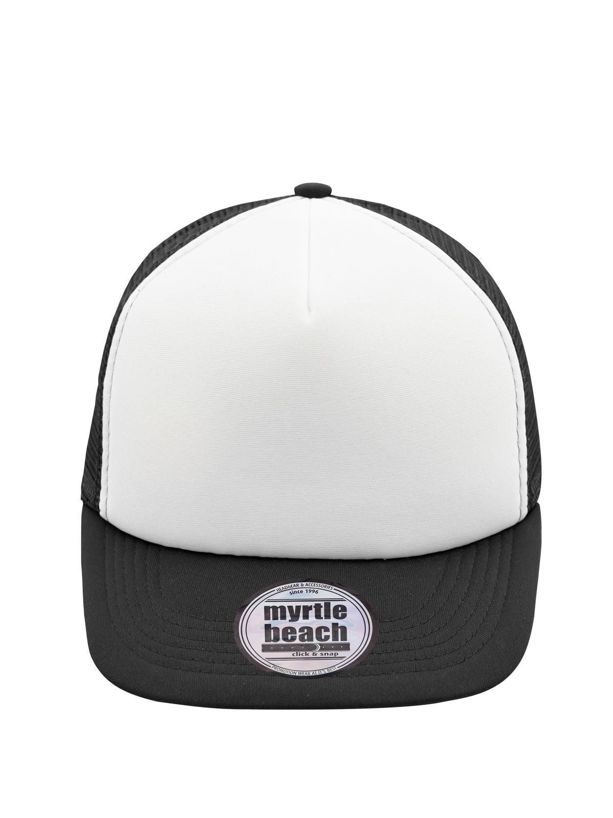 Trucker Caps 5 Panel Flat Peak Cap Weiß/Schwarz bestickbar und bedruckbar – LA1970