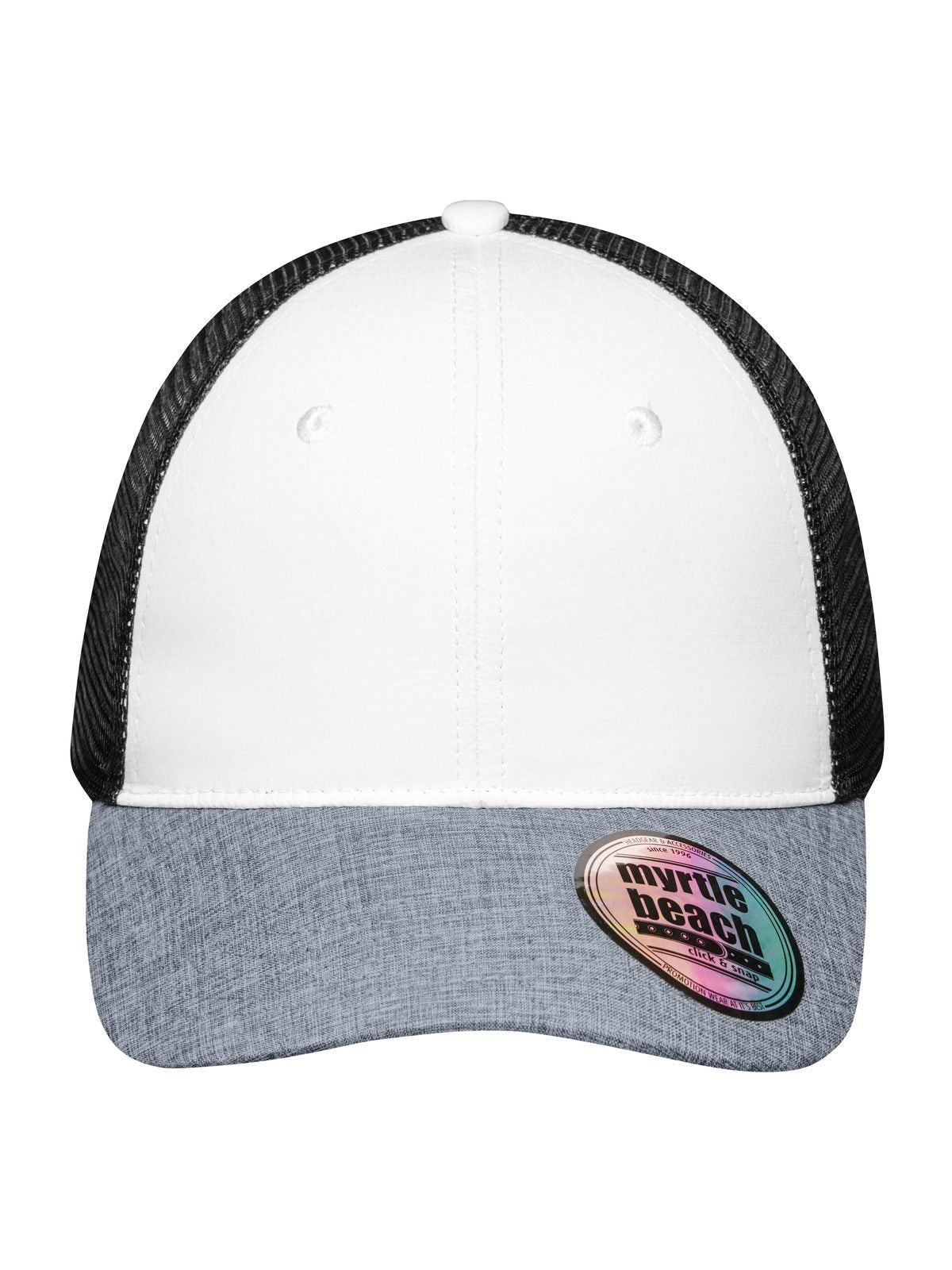 Trucker Caps 6 Panel Mesh Cap Melange Weiß/Grau-melange/Schwarz bestickbar und bedruckbar – LA1970