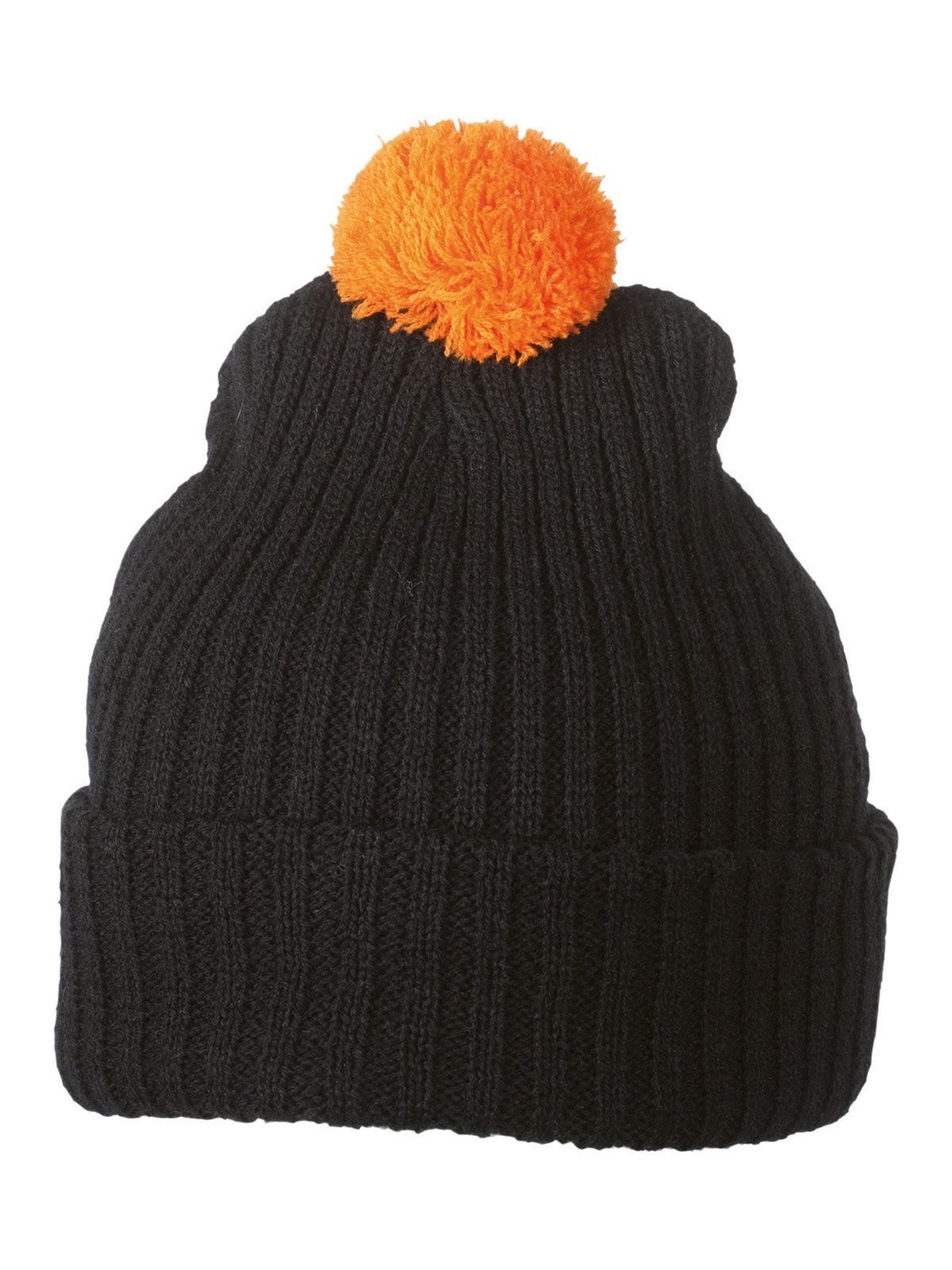 Beanies Knitted Cap with Pompon Schwarz/orange bestickbar und bedruckbar – LA1970