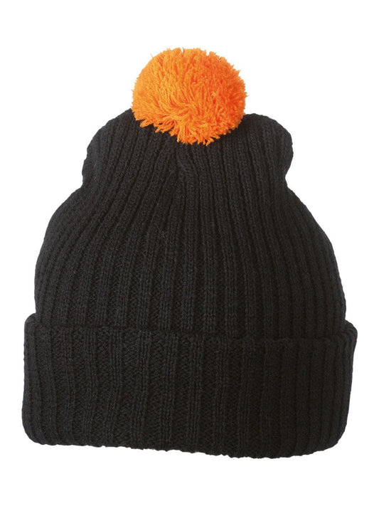 Beanies Knitted Cap with Pompon Schwarz/orange bestickbar und bedruckbar – LA1970