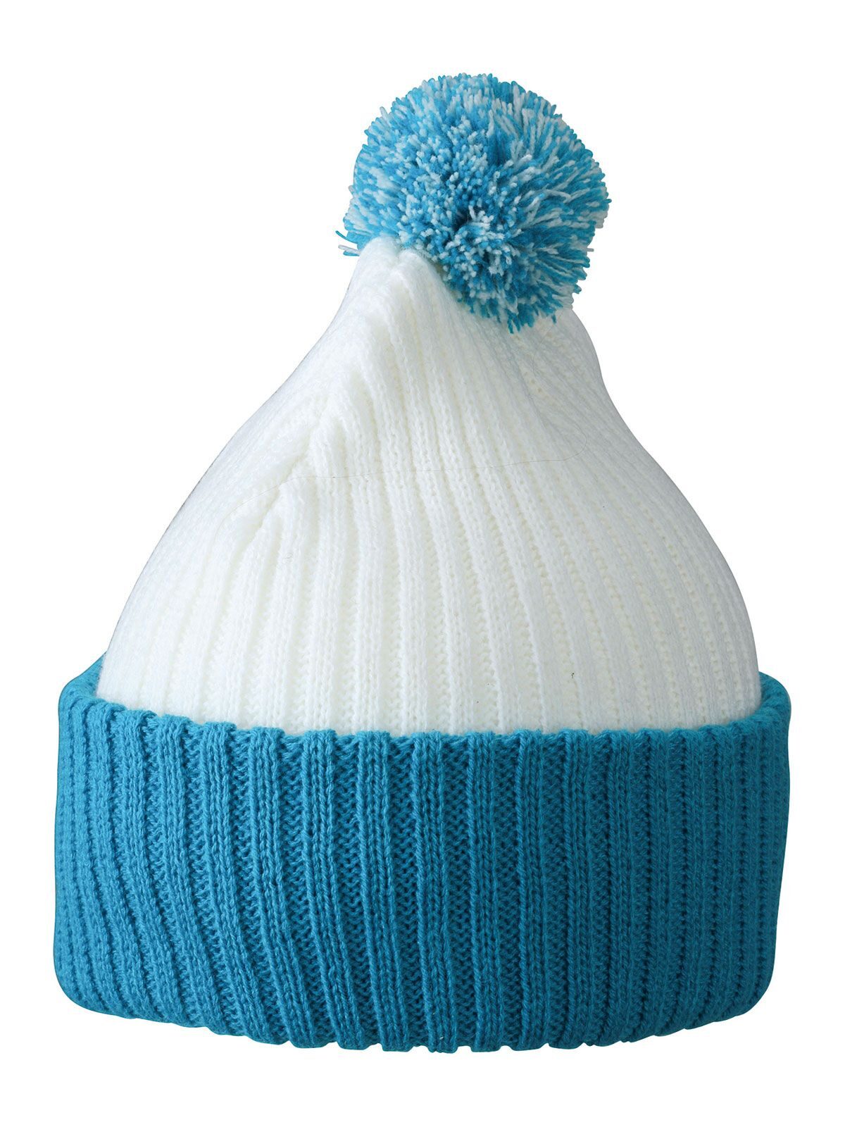 Beanies Knitted Cap with Pompon Weiß/aqua bestickbar und bedruckbar – LA1970