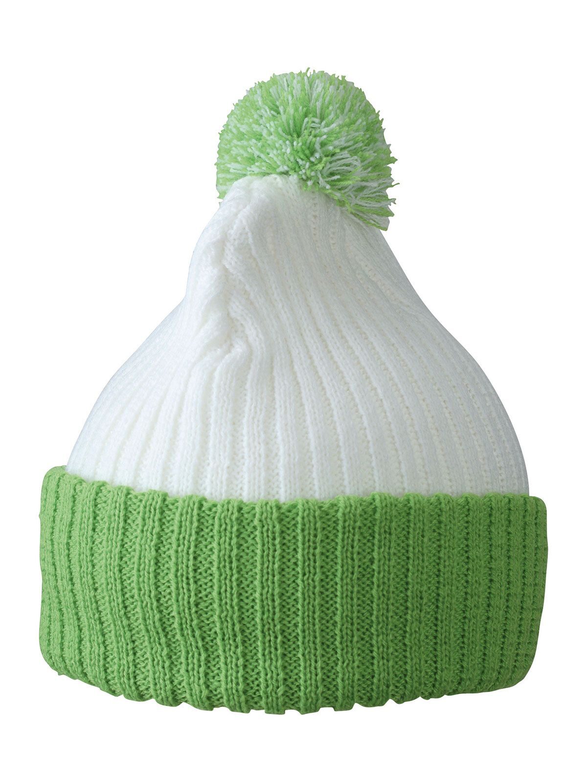 Beanies Knitted Cap with Pompon Weiß/lime-green bestickbar und bedruckbar – LA1970