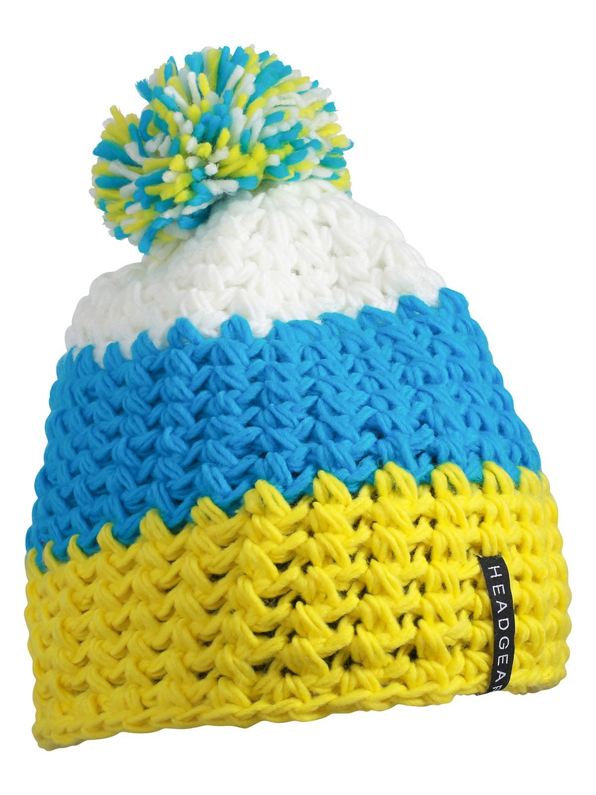 Beanies Crocheted Cap with Pompon yellow/pacific/Weiß bestickbar und bedruckbar – LA1970