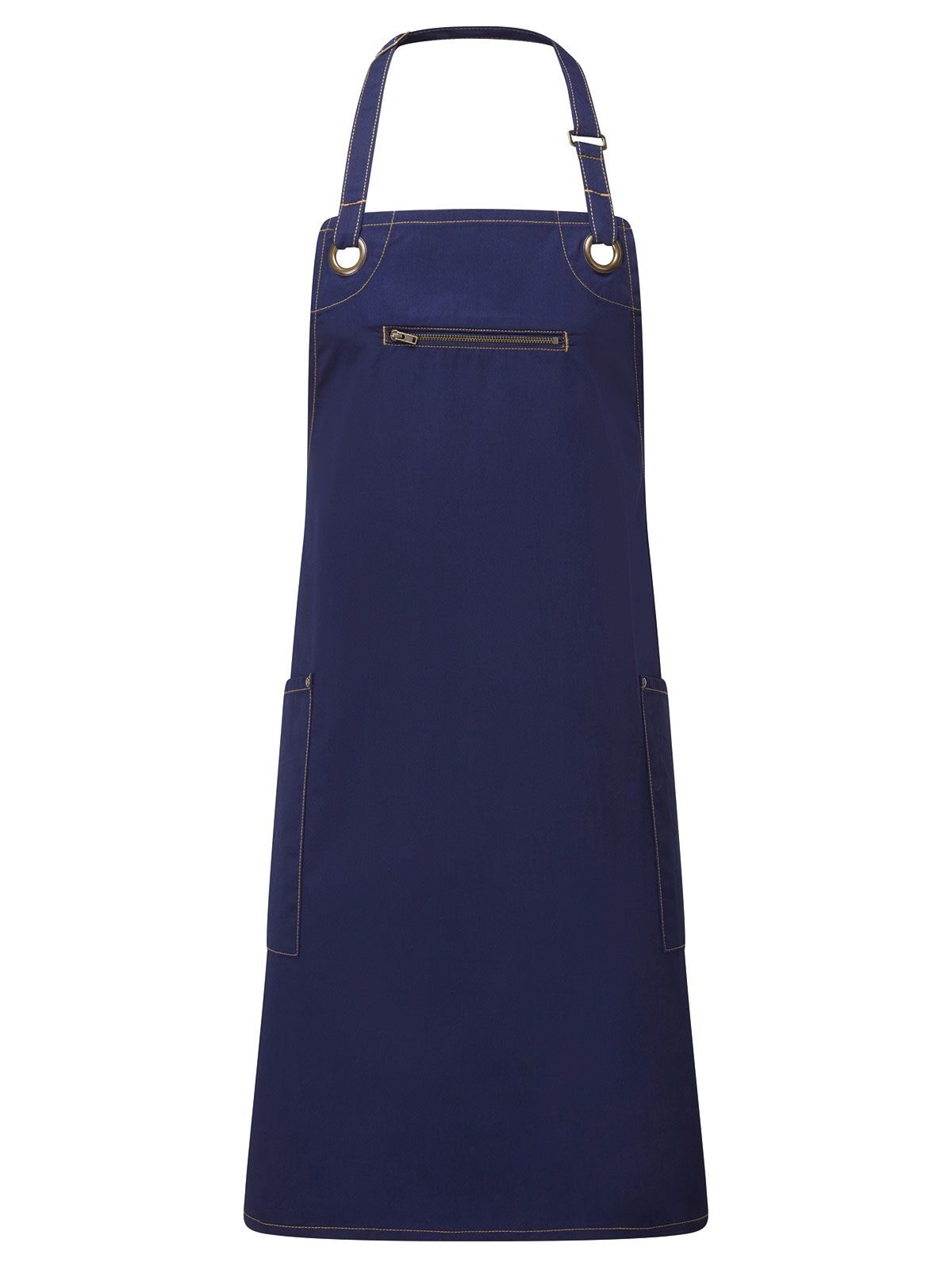 'Barley' Contrast Stitch Sustainable Bib Apron Schürze / Kasack – Premier – Farbe navy/camel – individuell veredelbar
