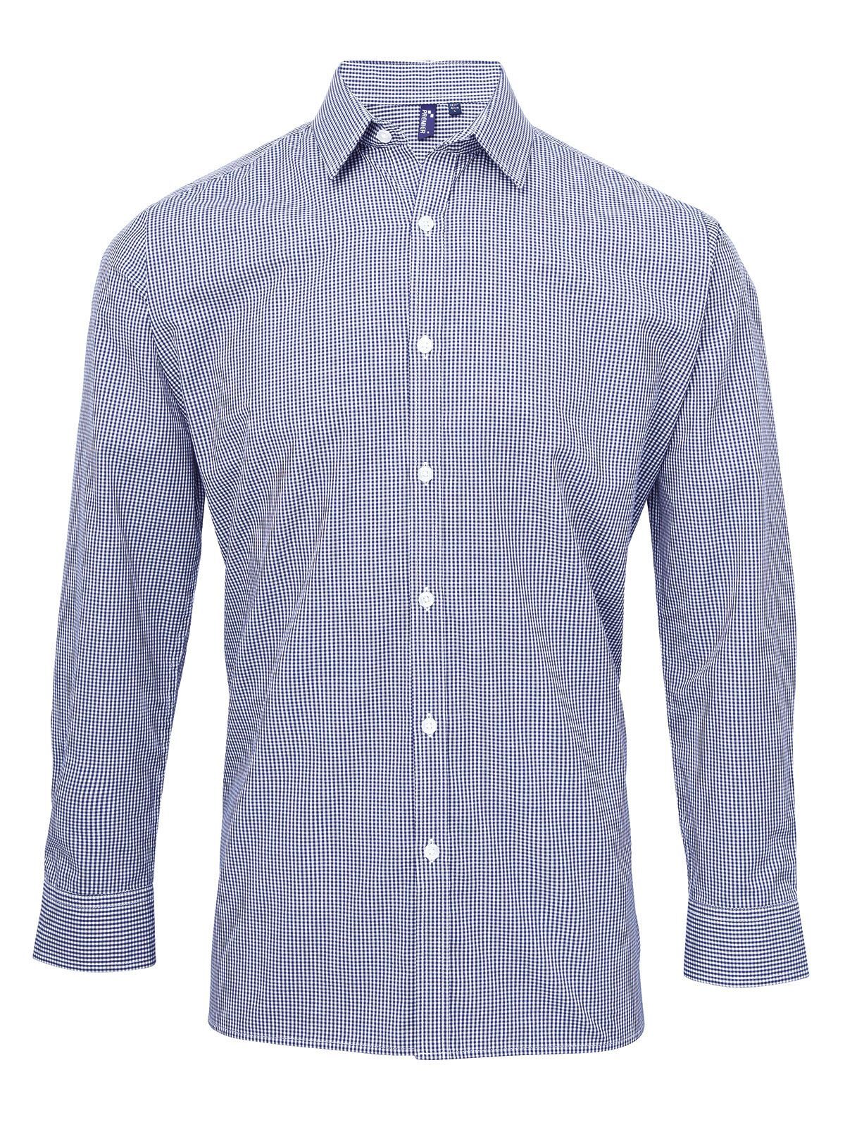 Long Sleeve Microcheck Gingham Shirt Herren Hemd / Bluse – Premier – Farbe navy white – individuell veredelbar