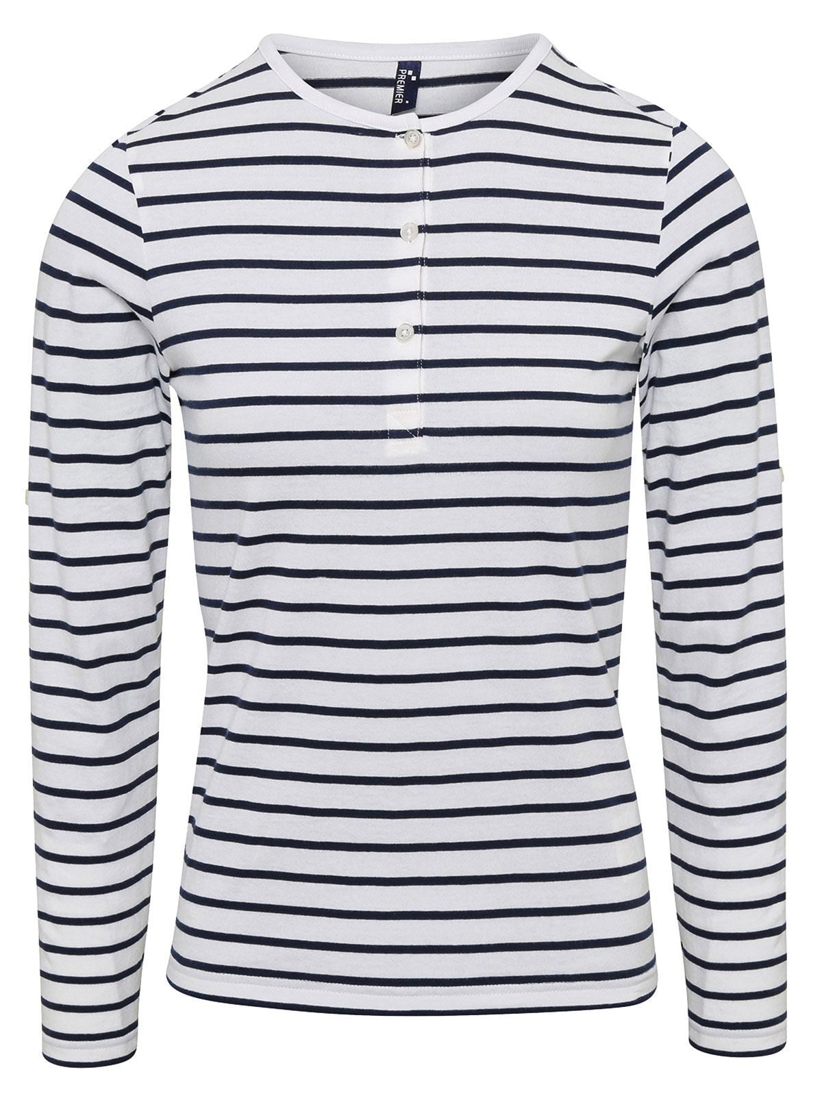 Long John Roll Sleeve Tee Damen T-Shirt – Premier – Farbe white/navy – individuell veredelbar