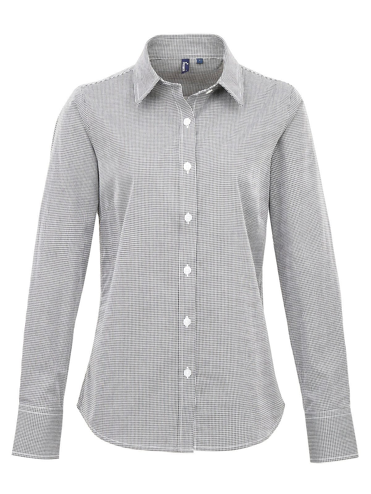Ladies' Long Sleeve Microcheck Gingham Shirt Damen Hemd / Bluse – Premier – Farbe black white – individuell veredelbar