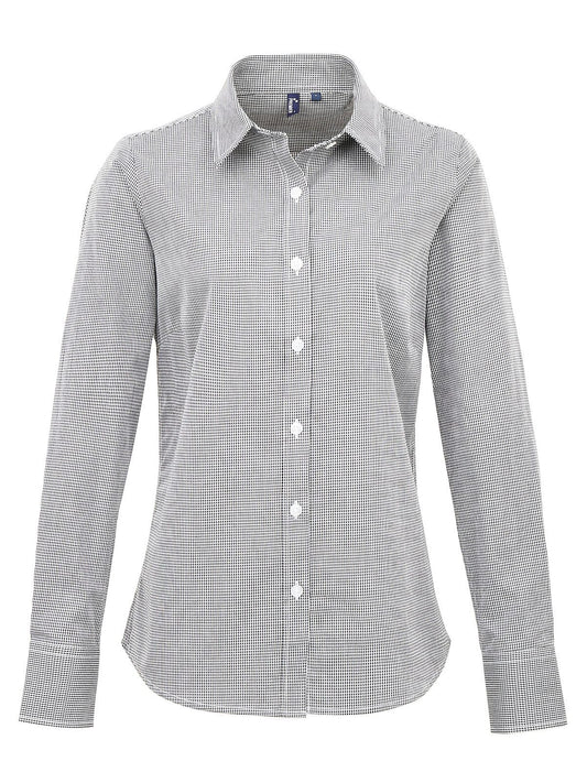 Ladies' Long Sleeve Microcheck Gingham Shirt Damen Hemd / Bluse – Premier – Farbe black white – individuell veredelbar
