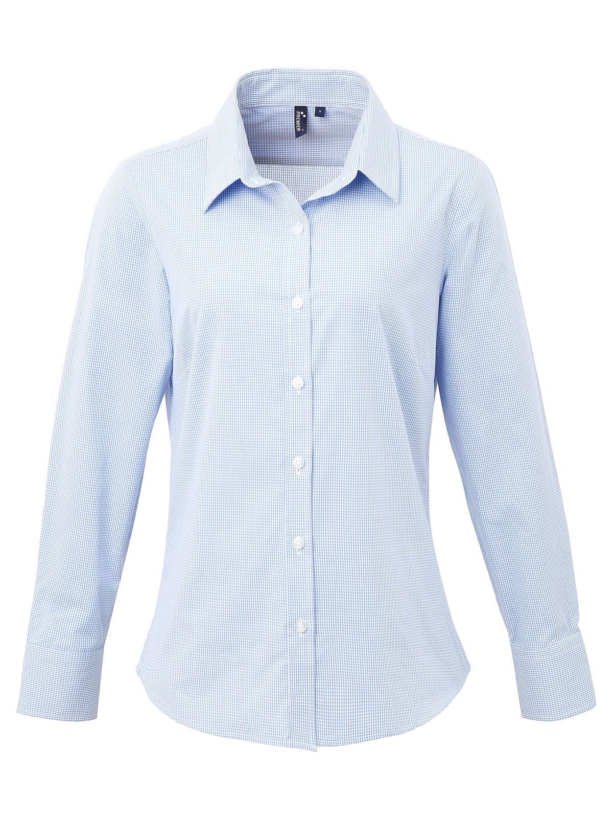 Ladies' Long Sleeve Microcheck Gingham Shirt Damen Hemd / Bluse – Premier – Farbe light blue/white – individuell veredelbar
