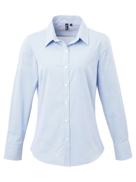 Ladies' Long Sleeve Microcheck Gingham Shirt Damen Hemd / Bluse – Premier – Farbe light blue/white – individuell veredelbar