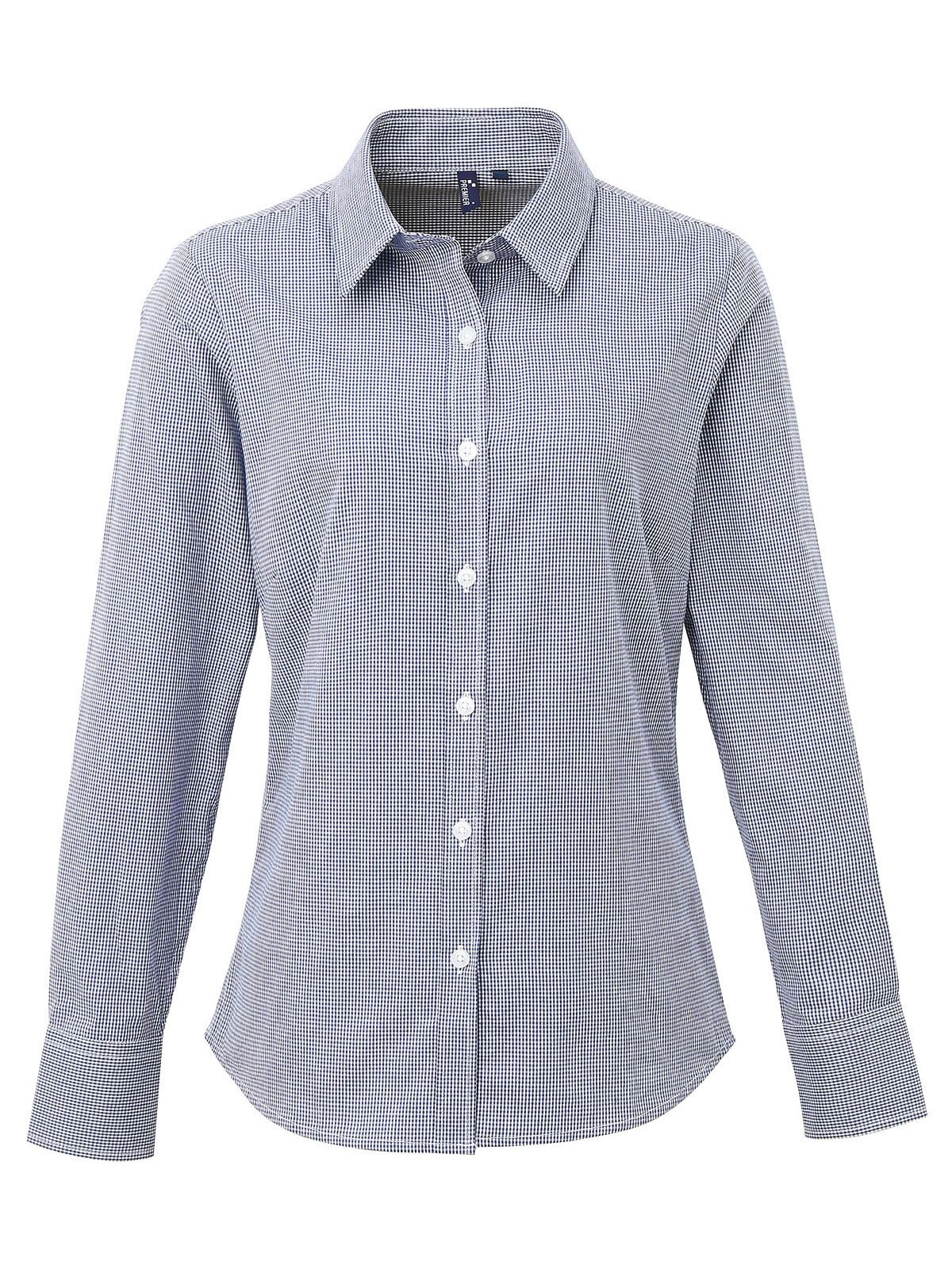 Ladies' Long Sleeve Microcheck Gingham Shirt Damen Hemd / Bluse – Premier – Farbe navy white – individuell veredelbar