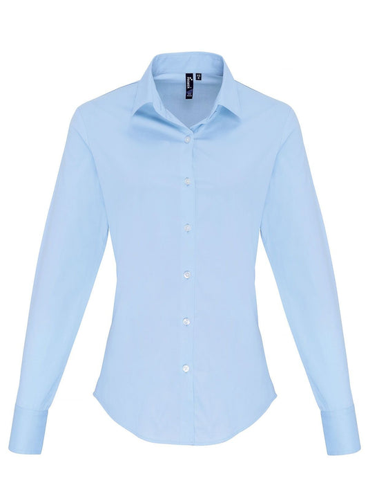 Ladies' Stretch Fit Cotton Poplin Long Sleeve Shirt Damen Hemd / Bluse – Premier – Farbe pale blue – individuell veredelbar