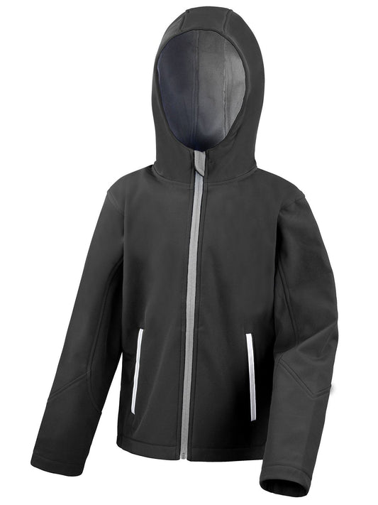 Junior Hooded Soft Shell Jacket Kinder Softshell – Result – Farbe black/grey – individuell veredelbar