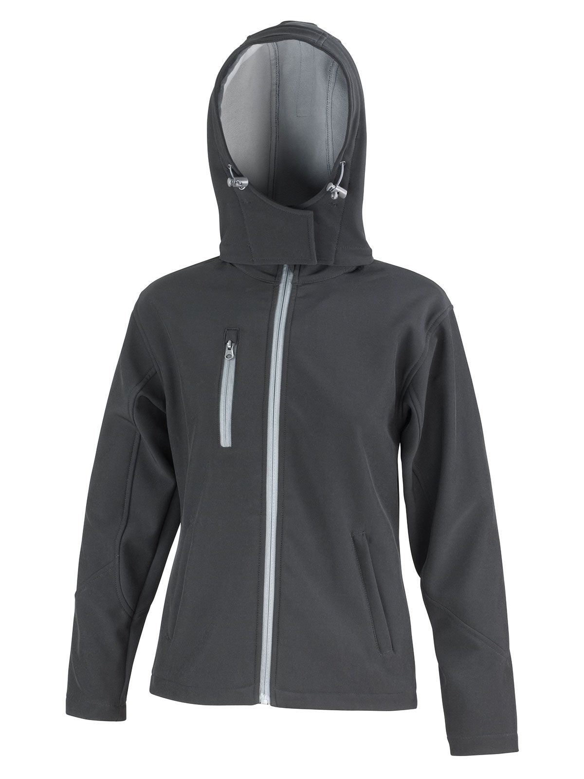 TX Performance Hooded Softshell Jacket Damen – Result – Farbe black/grey – individuell veredelbar