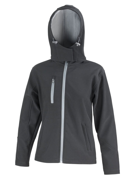 TX Performance Hooded Softshell Jacket Damen – Result – Farbe black/grey – individuell veredelbar