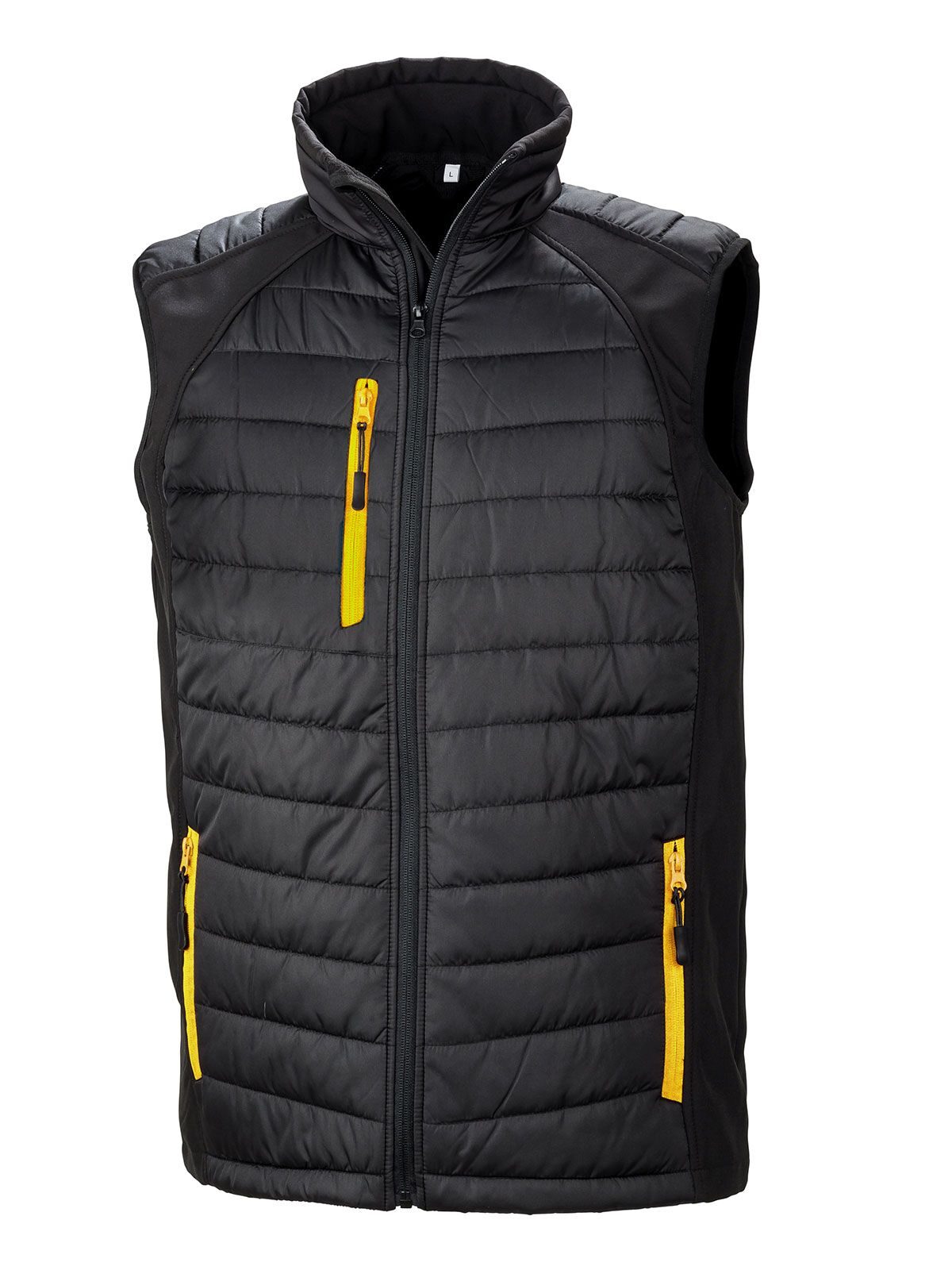 Black Compass Padded Softshell Gilet Herren – Result – Farbe black/yellow – individuell veredelbar