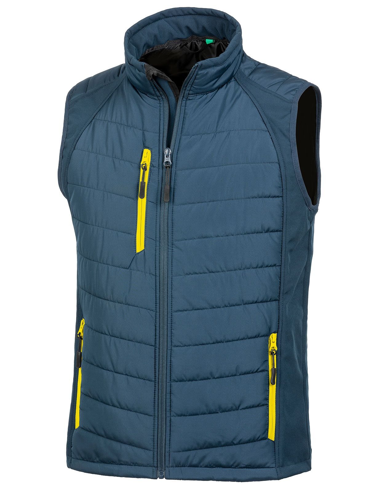 Black Compass Padded Softshell Gilet Herren – Result – Farbe navy/yellow – individuell veredelbar