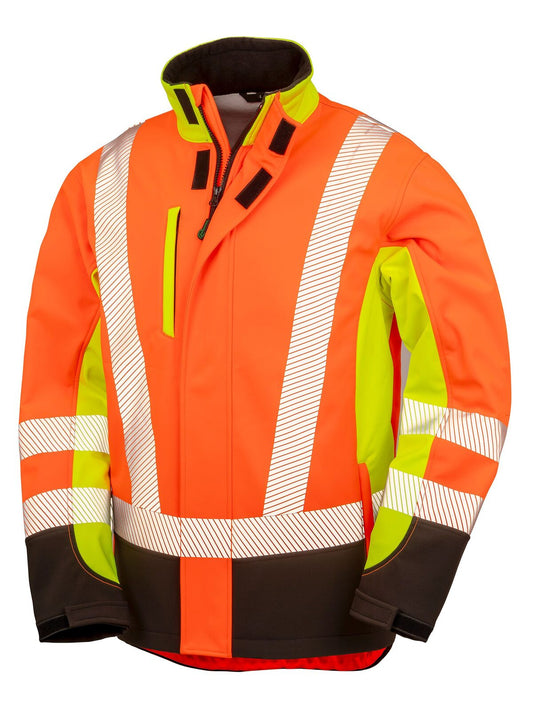 Recycled 3-layer printable safety softshell Herren – Result – Farbe fluo yellow/orange/black – individuell veredelbar