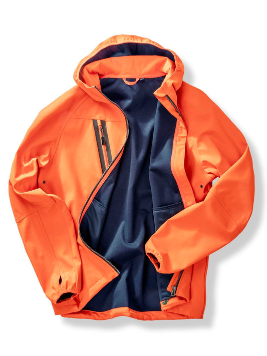 3-layer recycled printable casual hooded softshell Herren – Result – Farbe fluorescent orange/navy – individuell veredelbar
