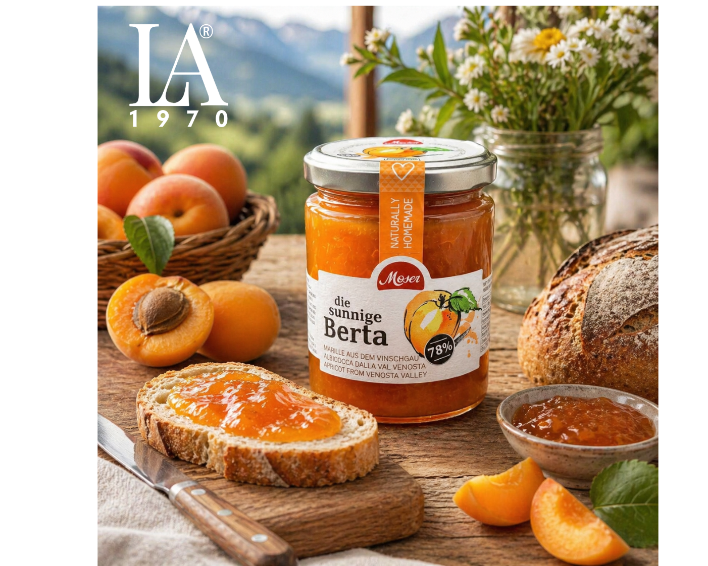 Confettura di albicocche "die sunnige Berta" – 340 g | Gastronomia di alta qualità dell'Alto Adige | LA1970
