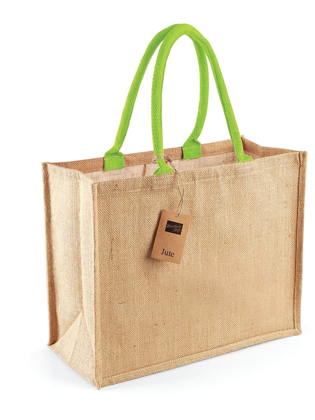 Jute Classic Shopper Herren Tasche / Rucksack – Westford Mill – Farbe natural/lime green – individuell veredelbar