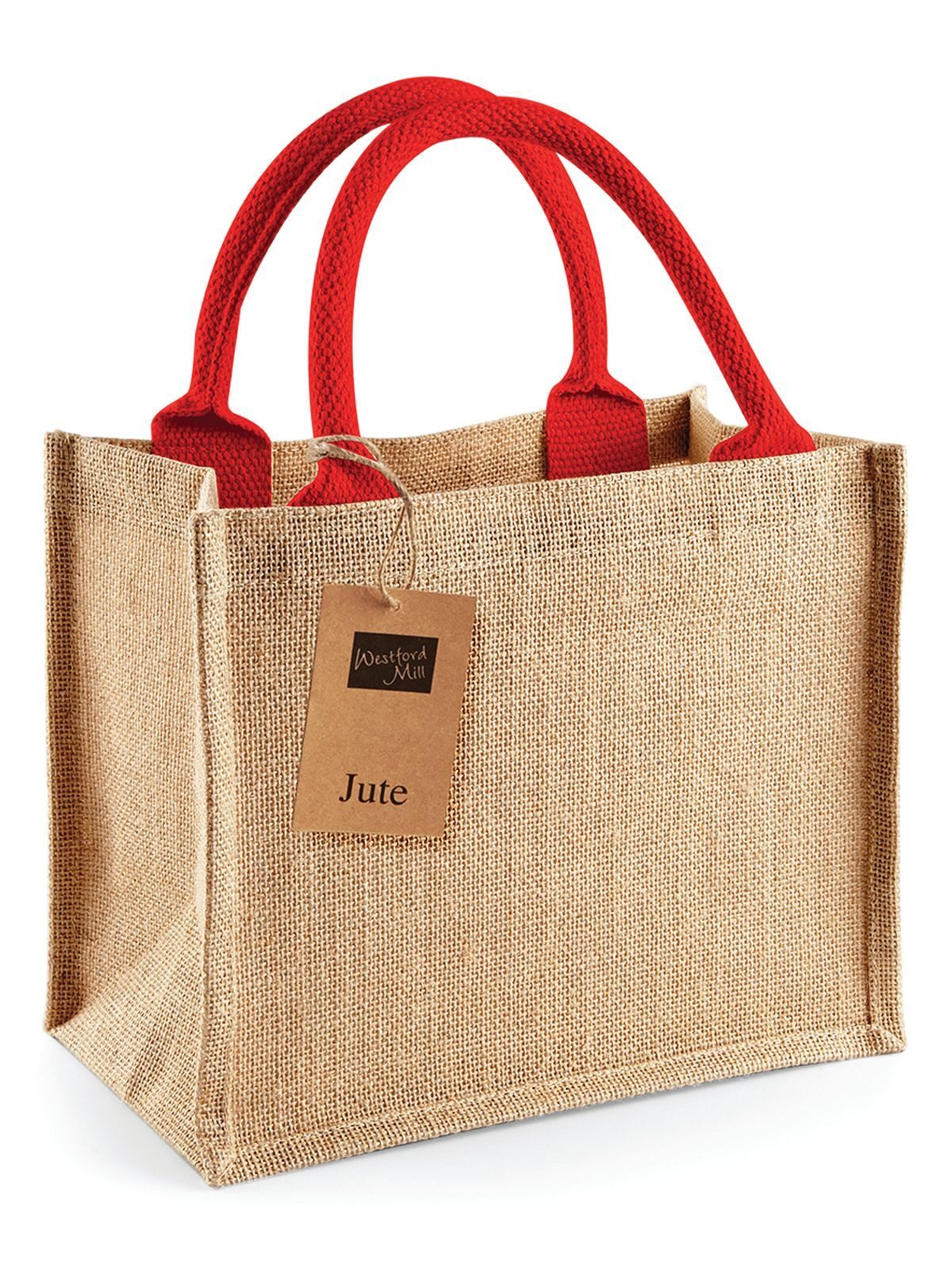 Jute Mini Gift Bag Herren Tasche / Rucksack – Westford Mill – Farbe natural/bright red – individuell veredelbar