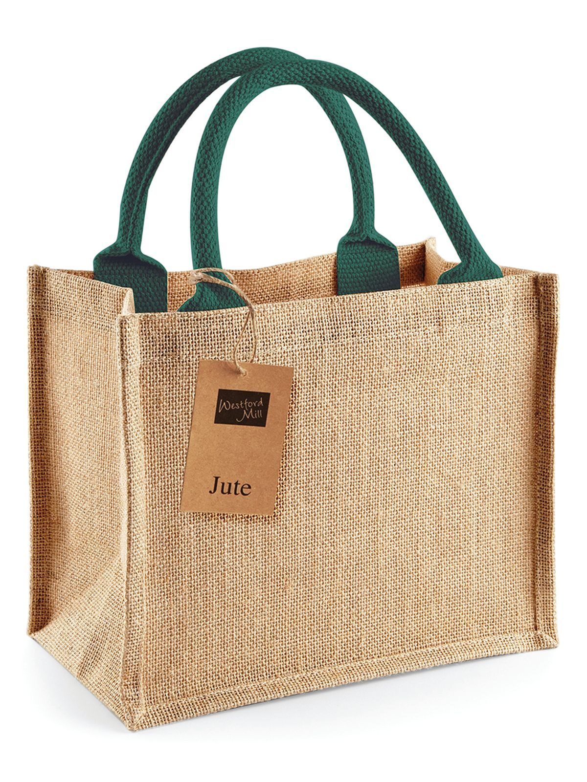 Jute Mini Gift Bag Herren Tasche / Rucksack – Westford Mill – Farbe natural/forest green – individuell veredelbar