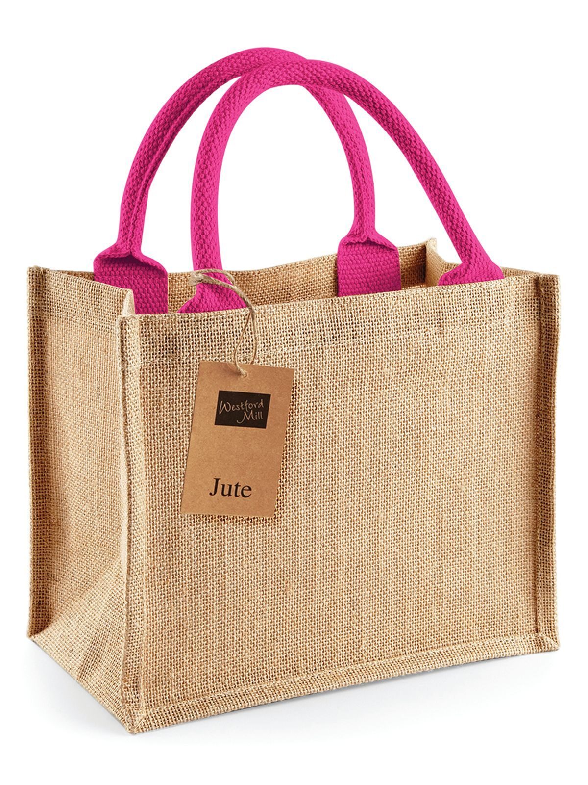 Jute Mini Gift Bag Herren Tasche / Rucksack – Westford Mill – Farbe natural/fuchsia – individuell veredelbar